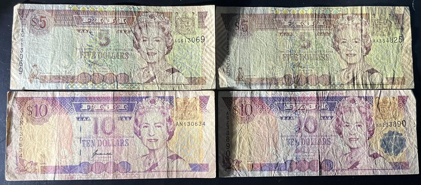 小福收藏拍卖第201期 流通品相裸钞 特惠场 本场拍卖美洲大洋洲非洲亚洲纸币【佣金仅收2% 不设最低佣金 全场包邮】 斐济 5+10元 1组4张 