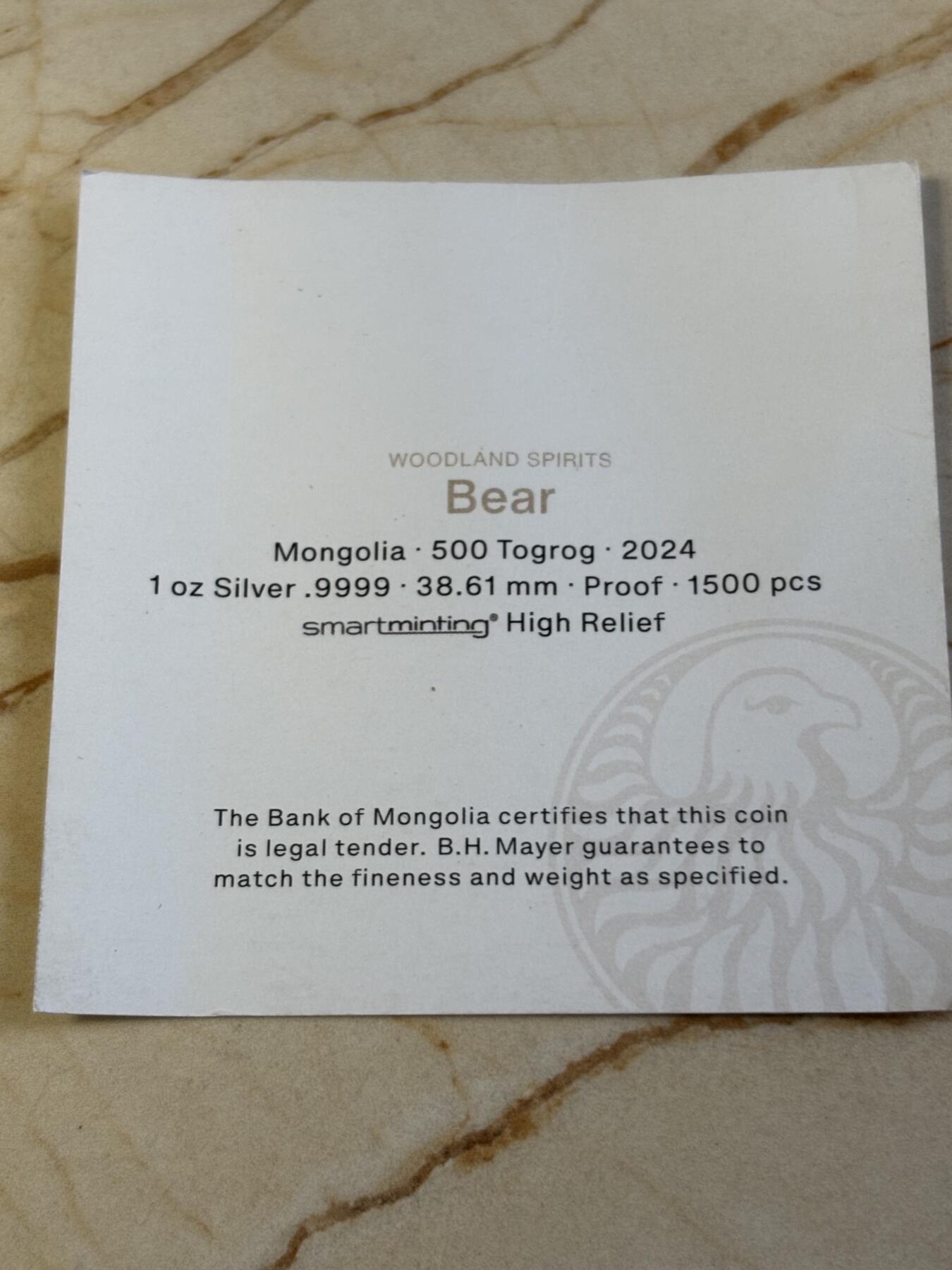 第192期拍卖 蒙古2024年森林精灵系列7熊1盎司精制纪念彩色银币PCGS-PR70带证书，999银，发行1500枚