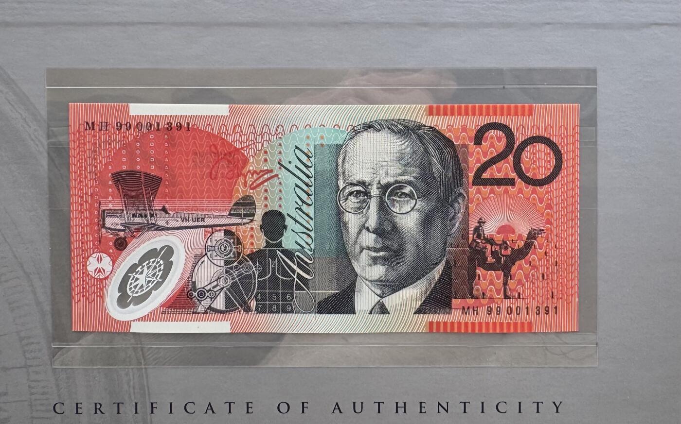 2026第4场（总第231期）：精品测试钞、外钞综合场  黑字版/MH99冠 澳大利亚“海上文化遗产”20澳元特殊加盖塑料纪念钞册装UNC（第1391号）