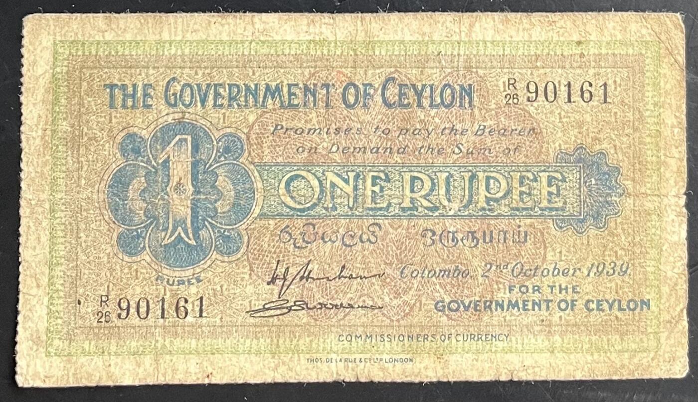 小福收藏拍卖第201期 流通品相裸钞 特惠场 本场拍卖美洲大洋洲非洲亚洲纸币【佣金仅收2% 不设最低佣金 全场包邮】 斯里兰卡（锡兰）1939年 1卢比 倒置号