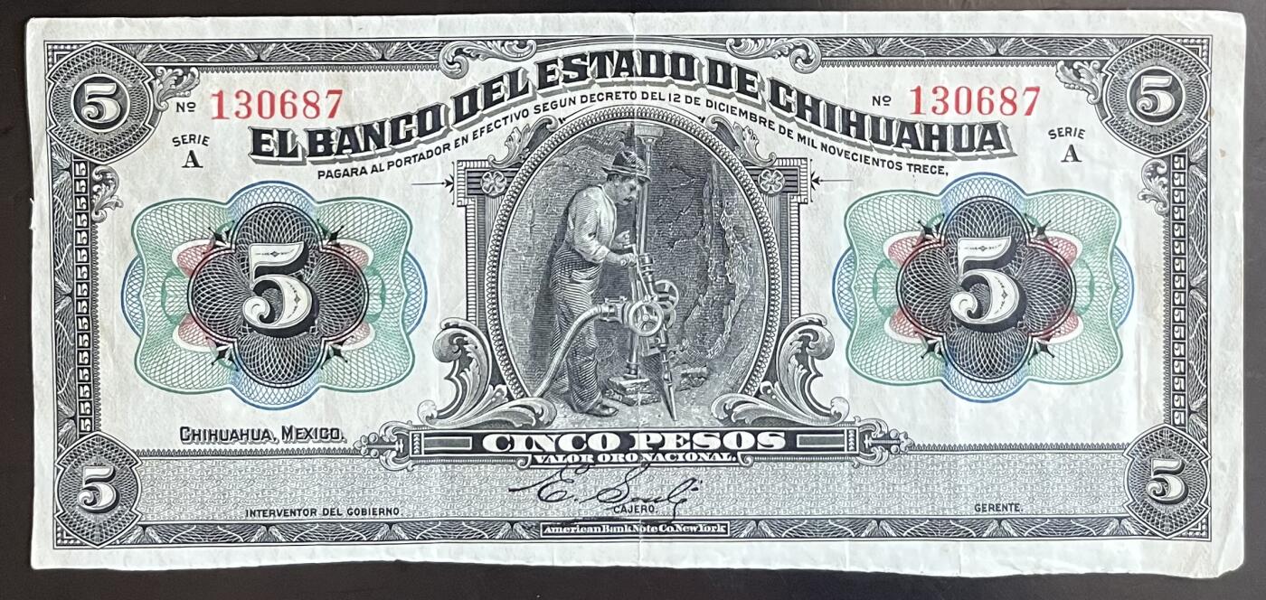 小福收藏拍卖第201期 流通品相裸钞 特惠场 本场拍卖美洲大洋洲非洲亚洲纸币【佣金仅收2% 不设最低佣金 全场包邮】 墨西哥 1913年 5比索 矿工 