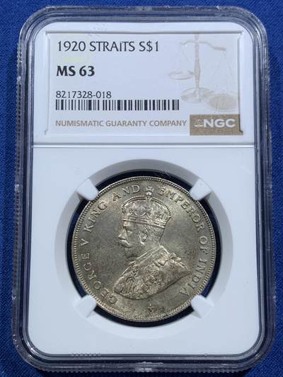 《竞宝斋》第466场 周日，周一 2场连拍 （全场包邮）欢迎送拍 - NGC MS63 海峡殖民地1920年乔五壹元大银币，高分，淡黄油彩非常漂亮，足够自藏的分数。