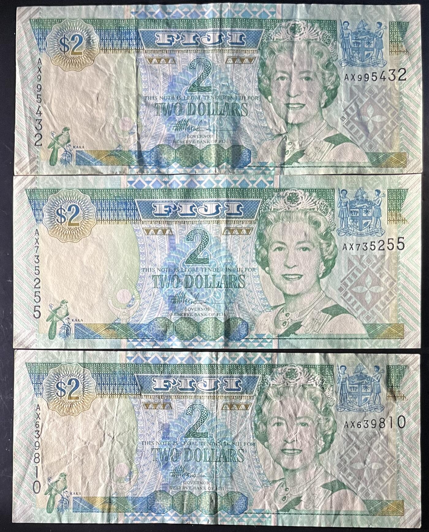 小福收藏拍卖第201期 流通品相裸钞 特惠场 本场拍卖美洲大洋洲非洲亚洲纸币【佣金仅收2% 不设最低佣金 全场包邮】 斐济  2元 1组3张 