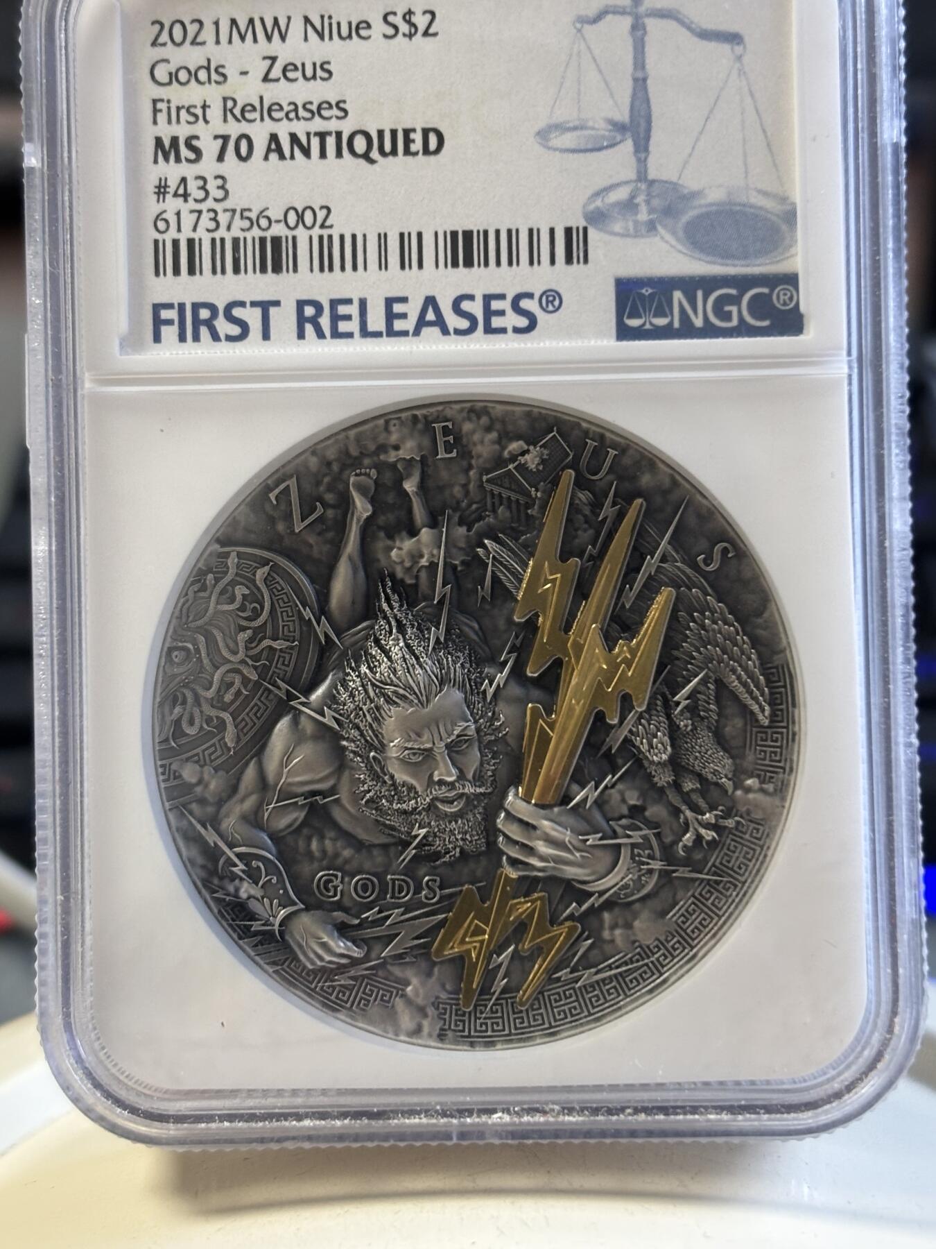 第192期拍卖 纽埃2021众神宙斯2盎司超高浮雕银币NGC-MS70首，999银，发行500枚