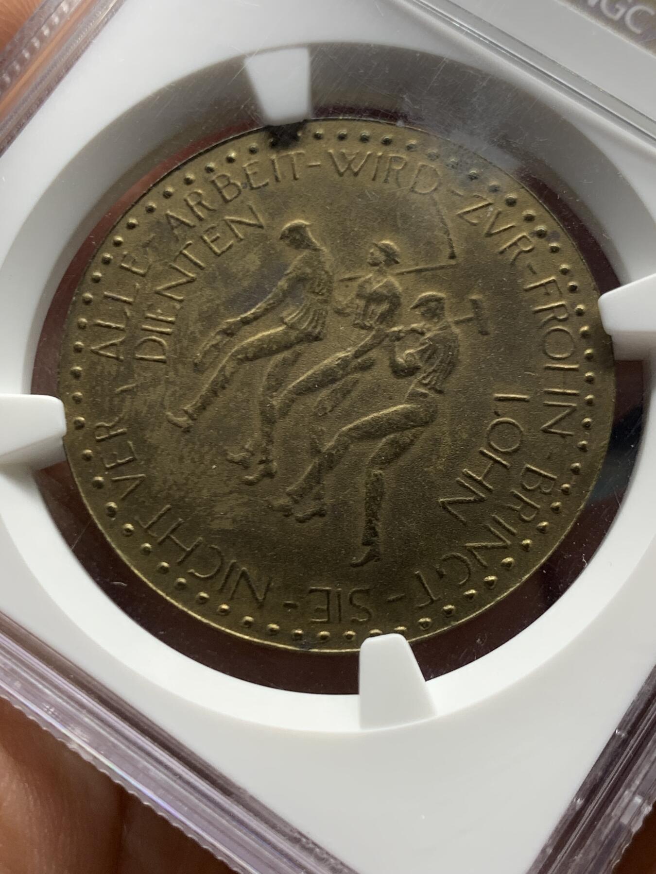 《竞宝斋》第466场 周日，周一 2场连拍 （全场包邮）欢迎送拍 NGC MS62RB 德国德紧 魏玛共和国 1923年  海尔布隆 500亿马克铜币 珍珠边饰，讲述三位矿工的传说 名誉品种