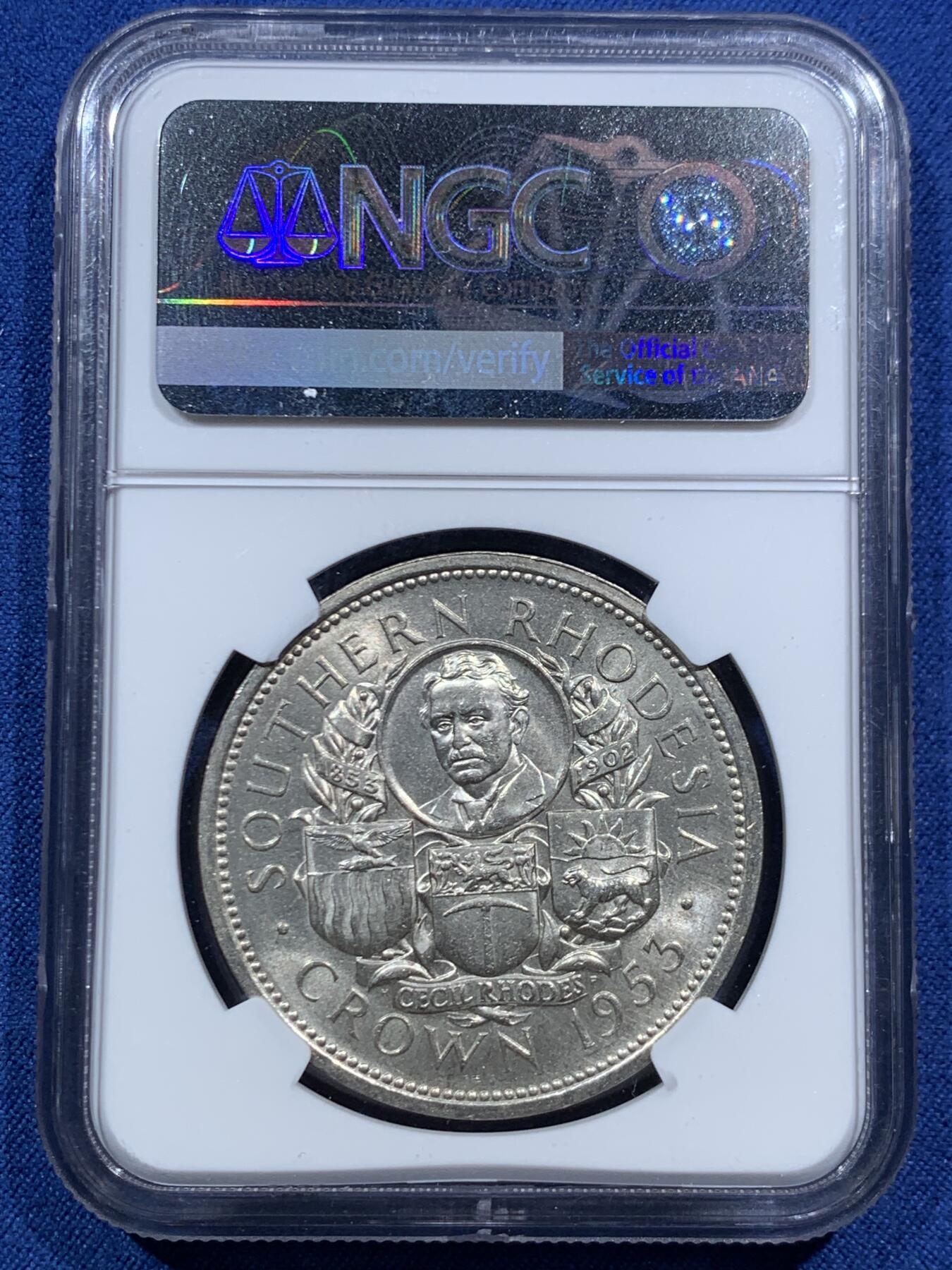 《竞宝斋》第466场 周日，周一 2场连拍 （全场包邮）欢迎送拍 NGC UNCD 南罗德西亚（津巴布韦）1953年纪念罗德斯诞辰一百周年1克朗大银币