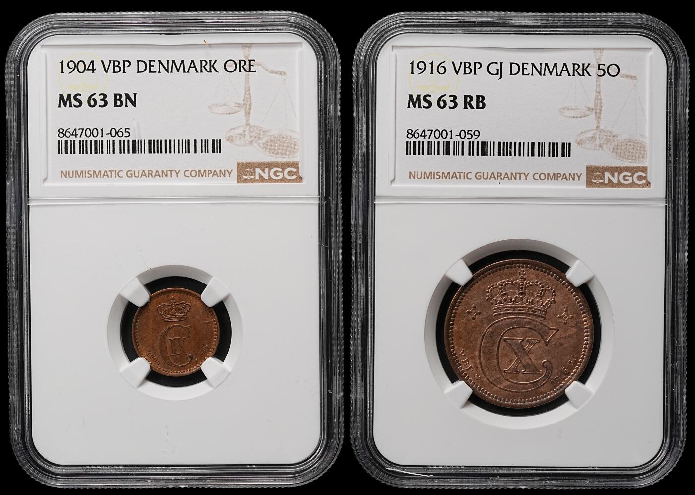 修遠堂世界钱币第106期，请看参拍说明 NGC评级 丹麦铜币两枚