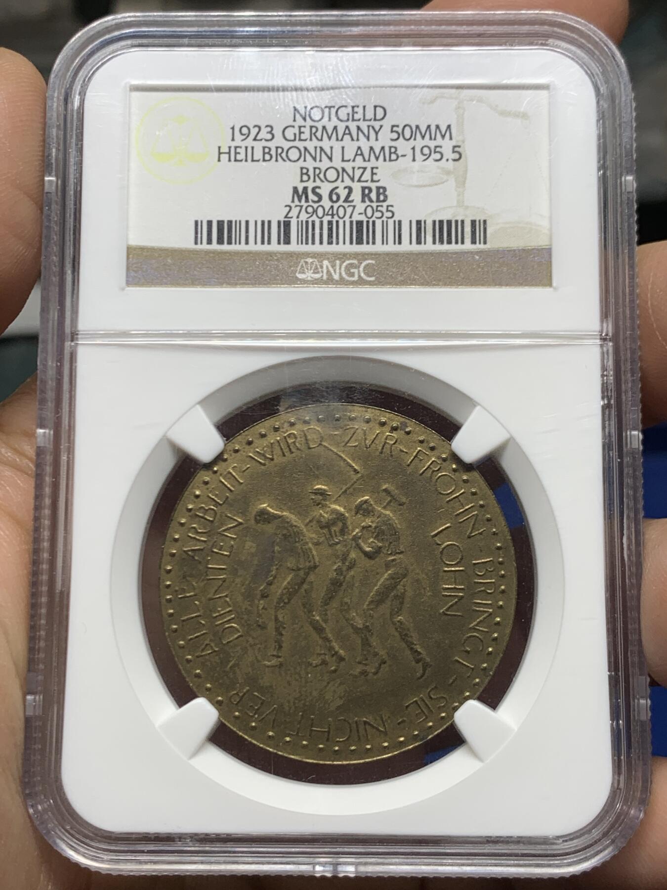 《竞宝斋》第466场 周日，周一 2场连拍 （全场包邮）欢迎送拍 NGC MS62RB 德国德紧 魏玛共和国 1923年  海尔布隆 500亿马克铜币 珍珠边饰，讲述三位矿工的传说 名誉品种