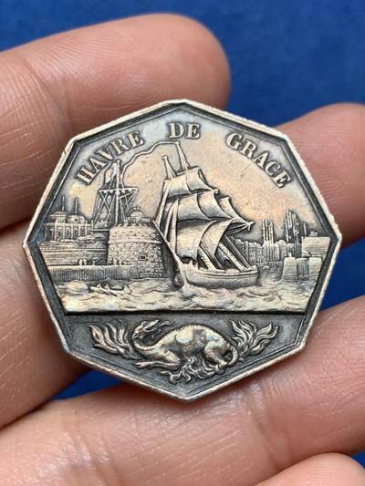 《竞宝斋》第466场 周日，周一 2场连拍 （全场包邮）欢迎送拍 - 勒阿弗尔商会八角银章 海事银质代币 15.8克，31.8mm，蜜蜂边铭，原铸款，漂亮的帆船。