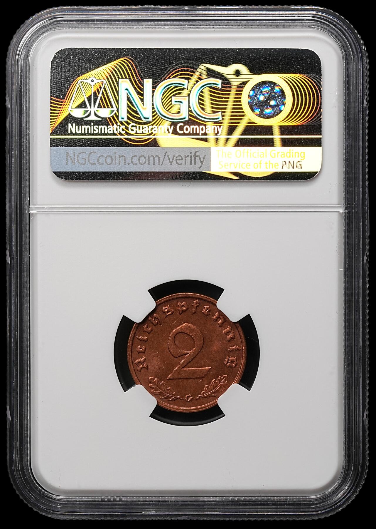修遠堂世界钱币第106期，请看参拍说明 NGC MS64RB 1939年德国2芬尼铜币 G厂铭