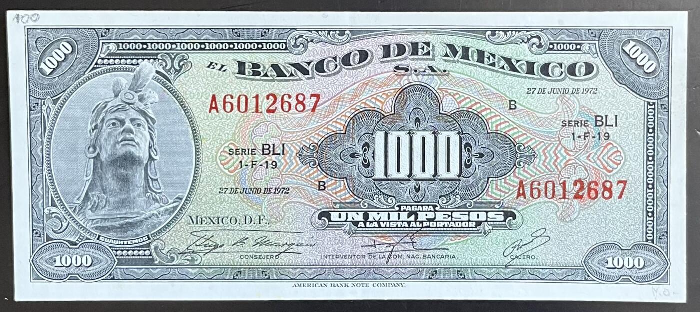 小福收藏拍卖第201期 流通品相裸钞 特惠场 本场拍卖美洲大洋洲非洲亚洲纸币【佣金仅收2% 不设最低佣金 全场包邮】 墨西哥 1972年 1000比索 AUNC