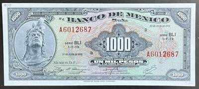 小福收藏拍卖第201期 流通品相裸钞 特惠场 本场拍卖美洲大洋洲非洲亚洲纸币【佣金仅收2% 不设最低佣金 全场包邮】 - 墨西哥 1972年 1000比索 AUNC