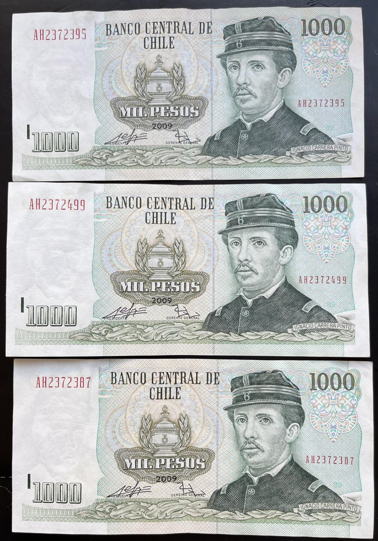 小福收藏拍卖第201期 流通品相裸钞 特惠场 本场拍卖美洲大洋洲非洲亚洲纸币【佣金仅收2% 不设最低佣金 全场包邮】 智利 2009年 1000比索 1组3张 