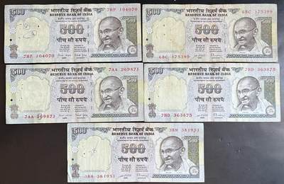 小福收藏拍卖第201期 流通品相裸钞 特惠场 本场拍卖美洲大洋洲非洲亚洲纸币【佣金仅收2% 不设最低佣金 全场包邮】 - 印度 蓝色版 500卢比 1组5张 