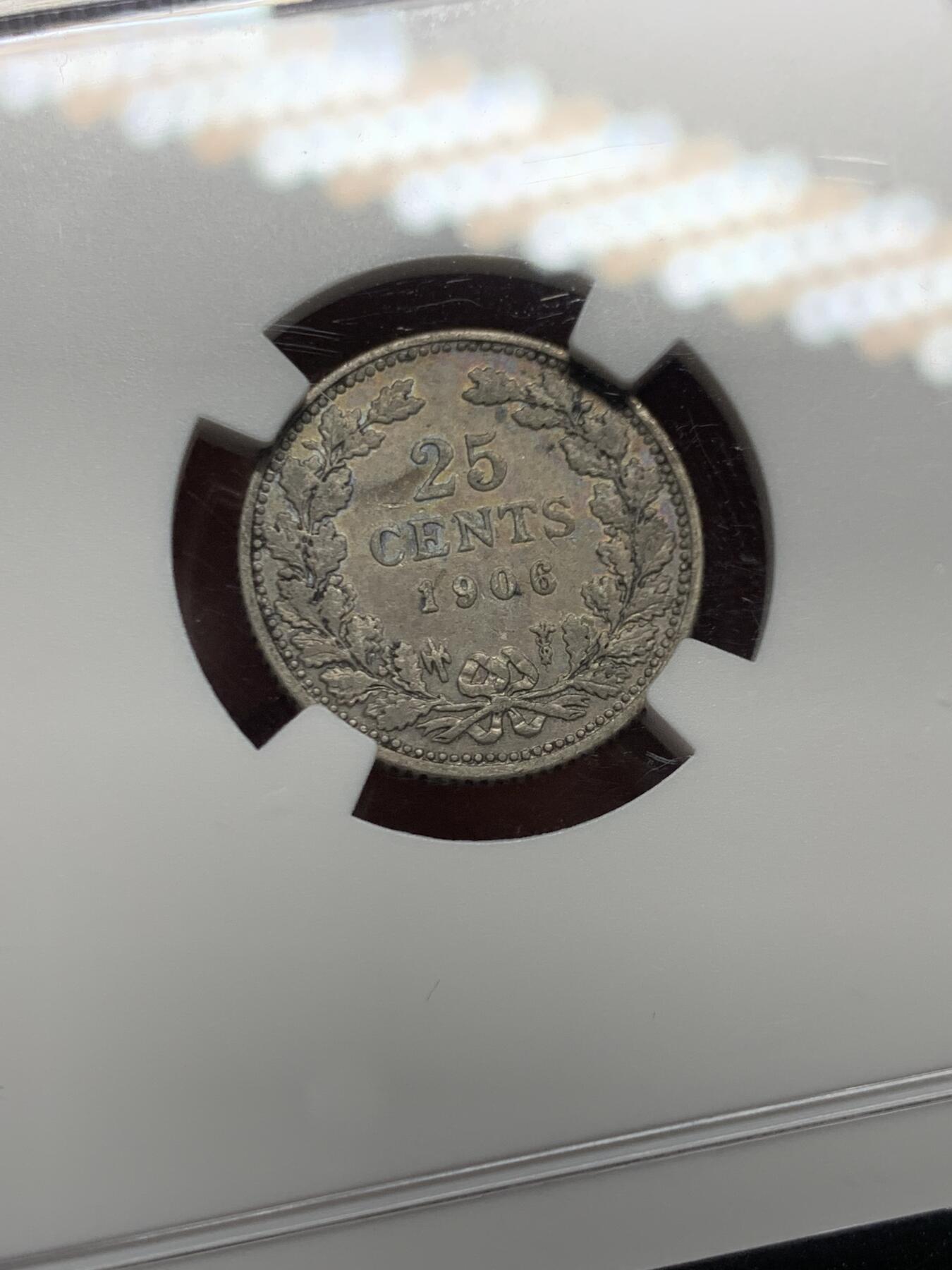 《竞宝斋》第466场 周日，周一 2场连拍 （全场包邮）欢迎送拍 NGC XFD 1906年荷兰25分银币 威廉明娜很经典的青年形象