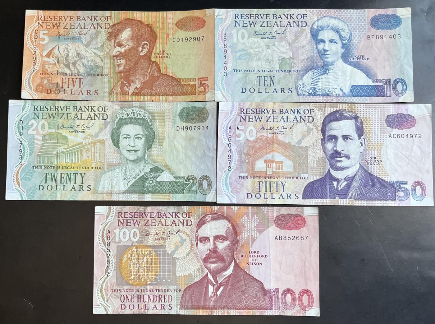 小福收藏拍卖第201期 流通品相裸钞 特惠场 本场拍卖美洲大洋洲非洲亚洲纸币【佣金仅收2% 不设最低佣金 全场包邮】 新西兰 5+10+20+50+100元 1组5张 大全套