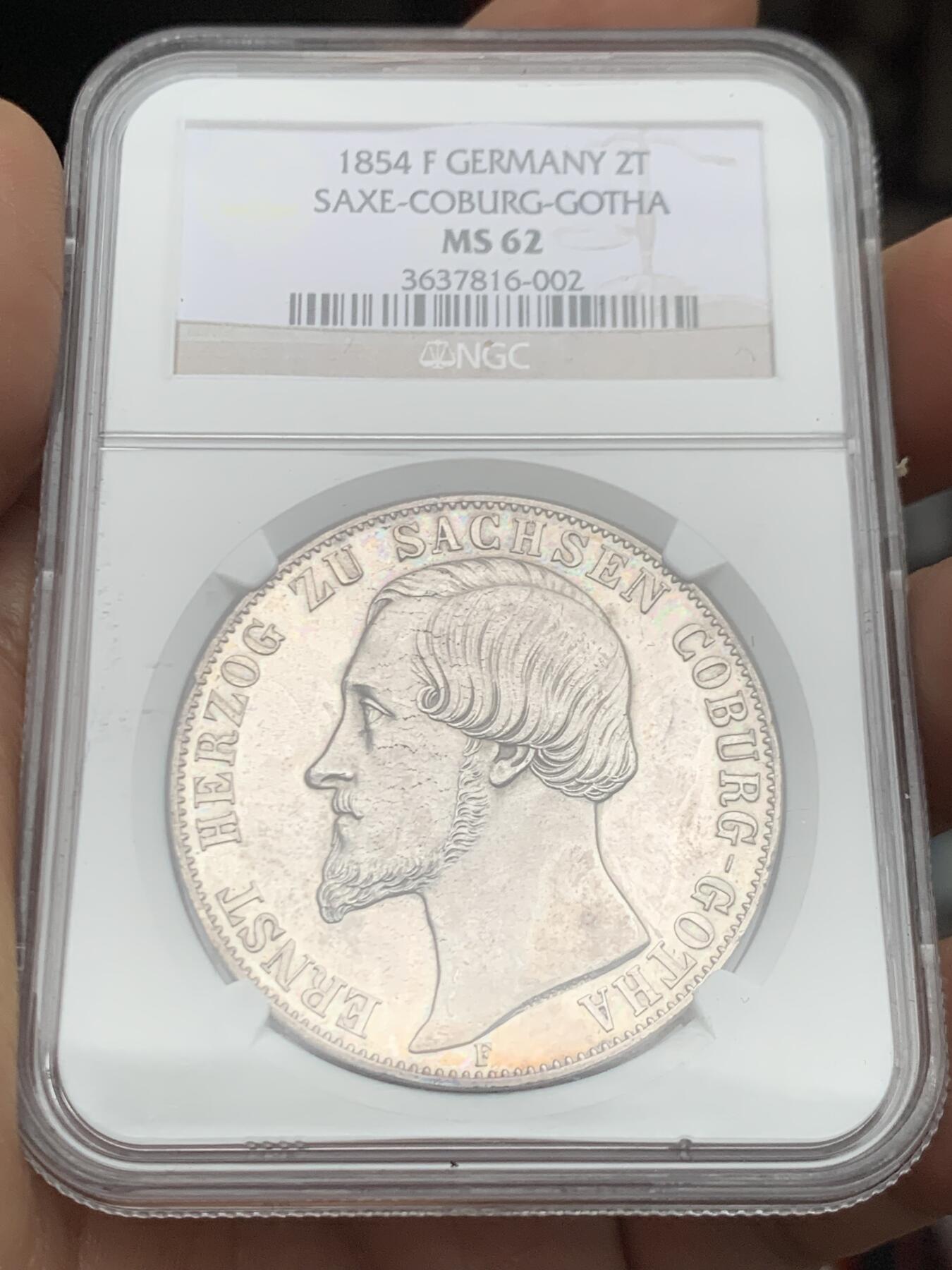 《竞宝斋》第466场 周日，周一 2场连拍 （全场包邮）欢迎送拍 NGC MS62 德国 1854年 萨克森-科堡-哥达公国  欧内斯特二世 2泰勒大银币 值得收藏