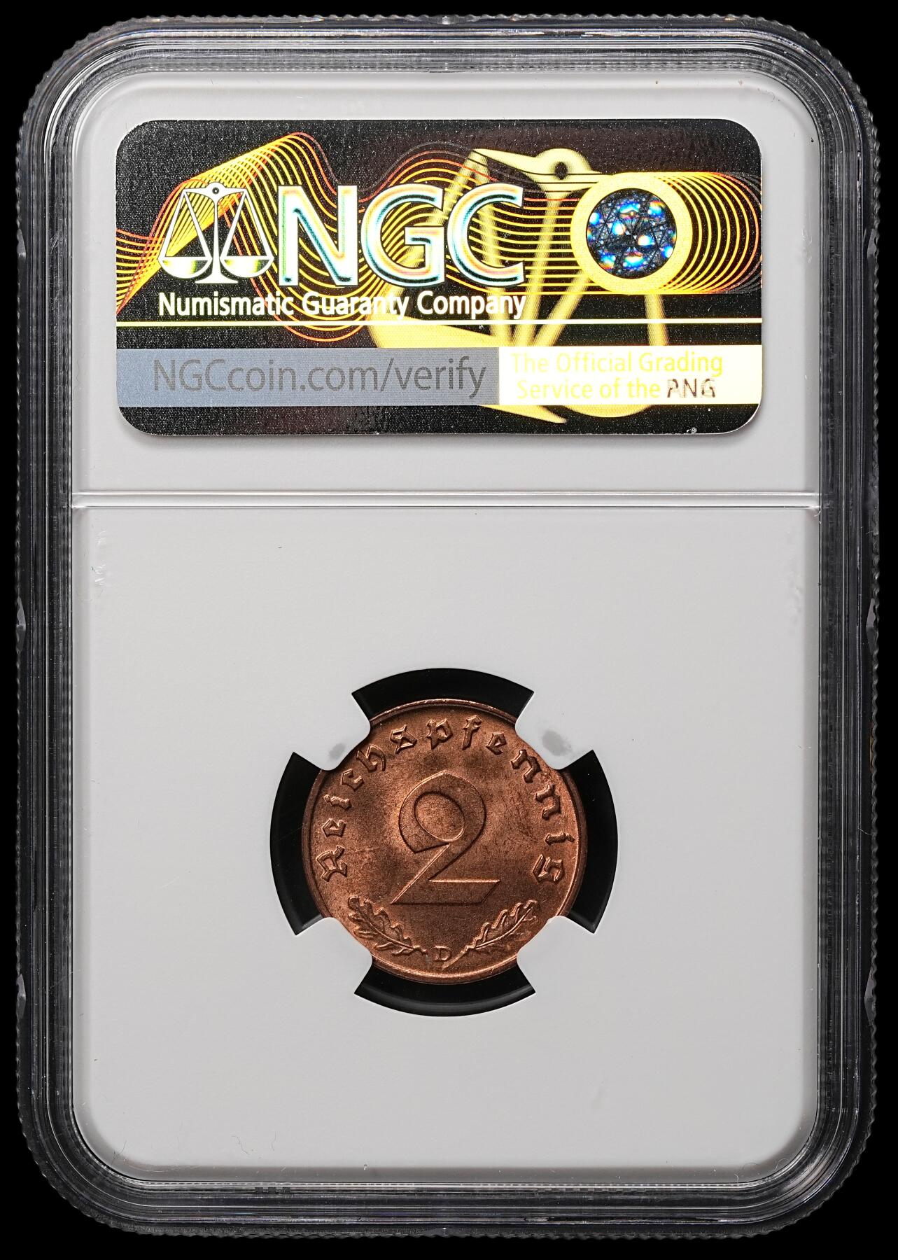 修遠堂世界钱币第106期，请看参拍说明 NGC MS65RB 1939年德国2芬尼铜币 D厂铭