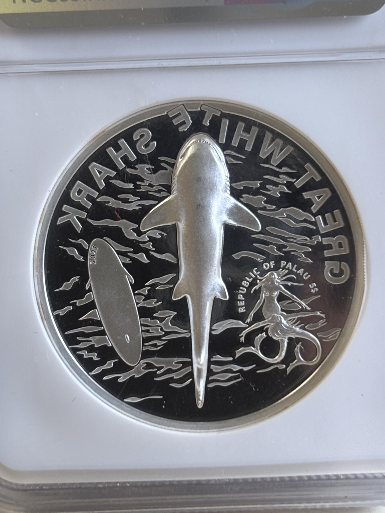 第192期拍卖 获奖帕劳2021年大白鲨双面高浮雕彩银币NGC-PF70首，999银，发行2021枚
