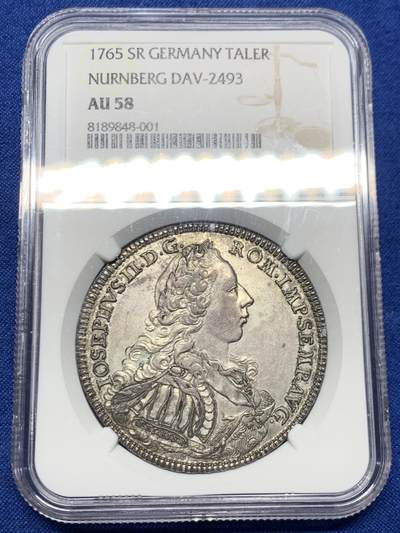 《竞宝斋》第466场 周日，周一 2场连拍 （全场包邮）欢迎送拍 - NGC AU58 德国 1765年 纽伦堡 景观泰勒大银币 双面深包浆 细节保存的很好