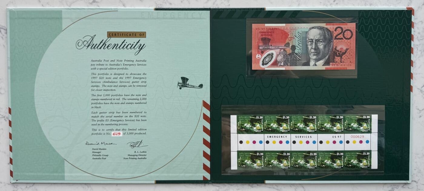 2026第4场（总第231期）：精品测试钞、外钞综合场  红字版/ES97冠 澳大利亚“皇家紧急救援服务”20澳元特殊加盖塑料纪念钞册装UNC（第629号）