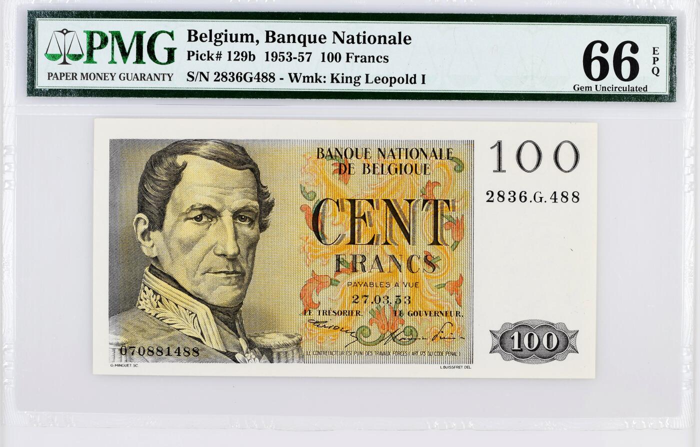 【Blue Auction】世界纸币精拍第789期——18级TOP拍卖/信誉/品质/专业/高效💫 【亚军分】比利时 1953年100法郎 PMG66EPQ 老壳 