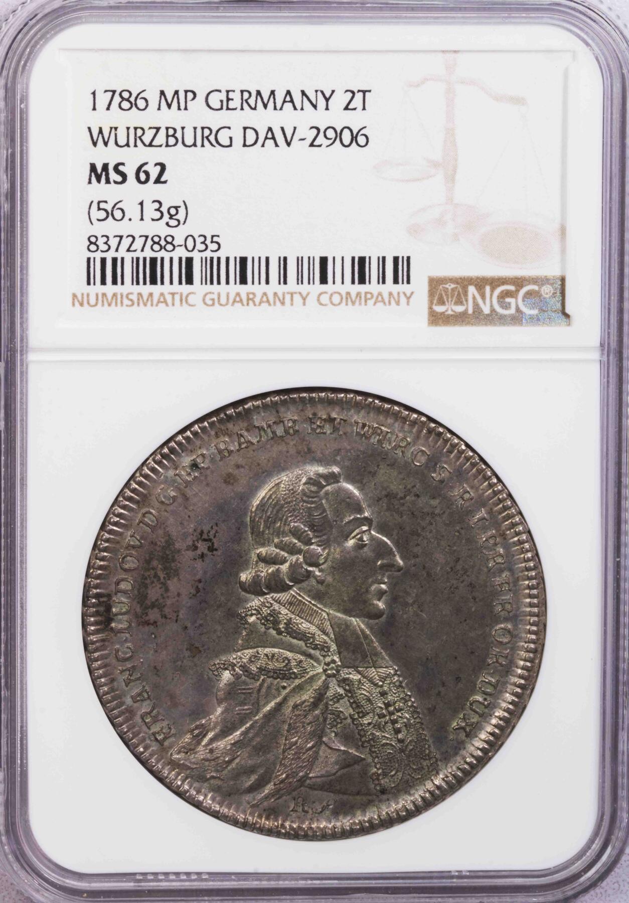 NGC-MS62 1786德国维兹堡大主教天使两泰勒超大银币