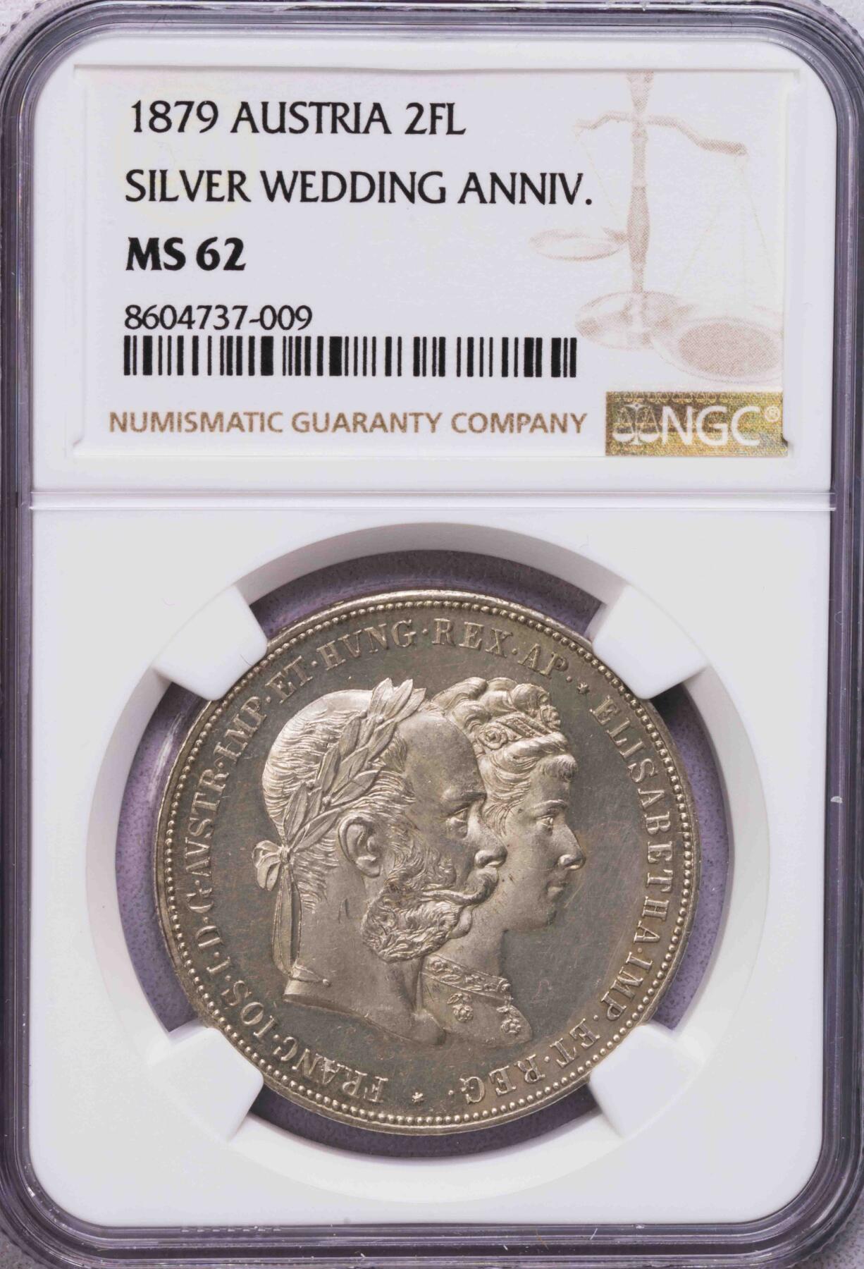 NGC-MS62 1879奥地利茜茜公主银婚2盾大银币