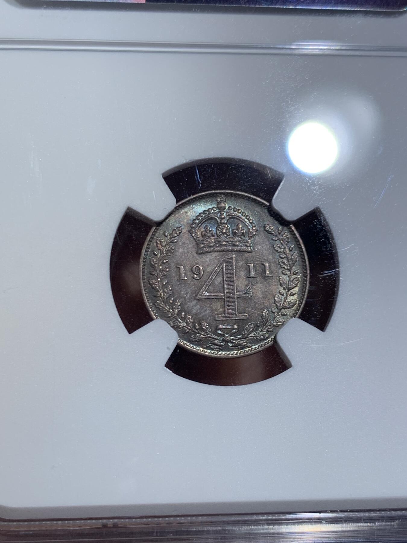 《竞宝斋》第466场 周日，周一 2场连拍 （全场包邮）欢迎送拍 四枚一组 NGC MS62-64 英国1911年乔治五世濯足币1-4便士银币 包浆舒服 评级数量比同年份精制币少很多