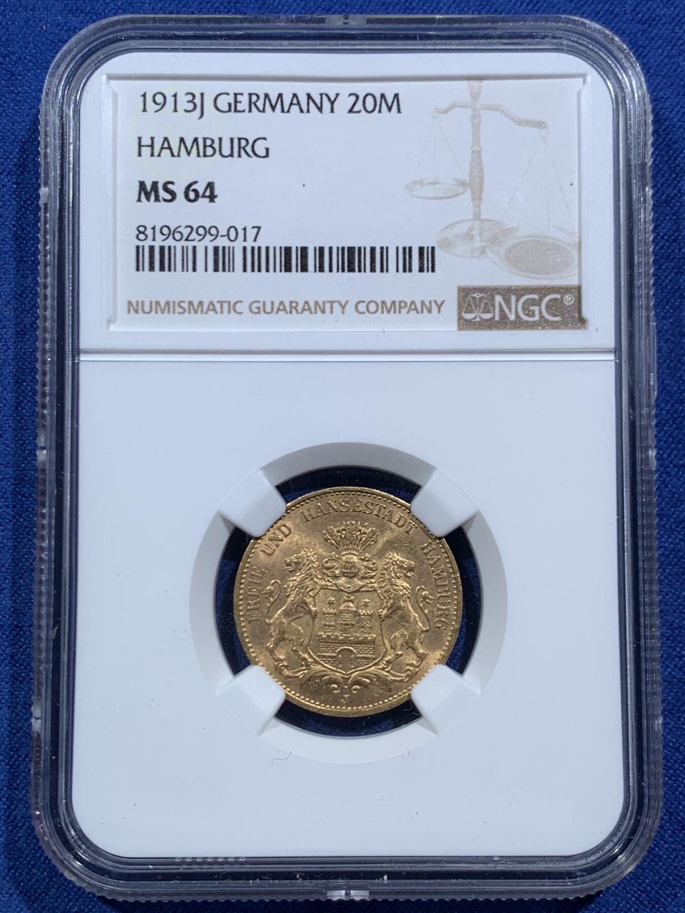 《竞宝斋》第466场 周日，周一 2场连拍 （全场包邮）欢迎送拍 NGC MS64 德国汉堡 1913年 20马克 金币 900金 7.96克 好品相 热门品种持续上涨