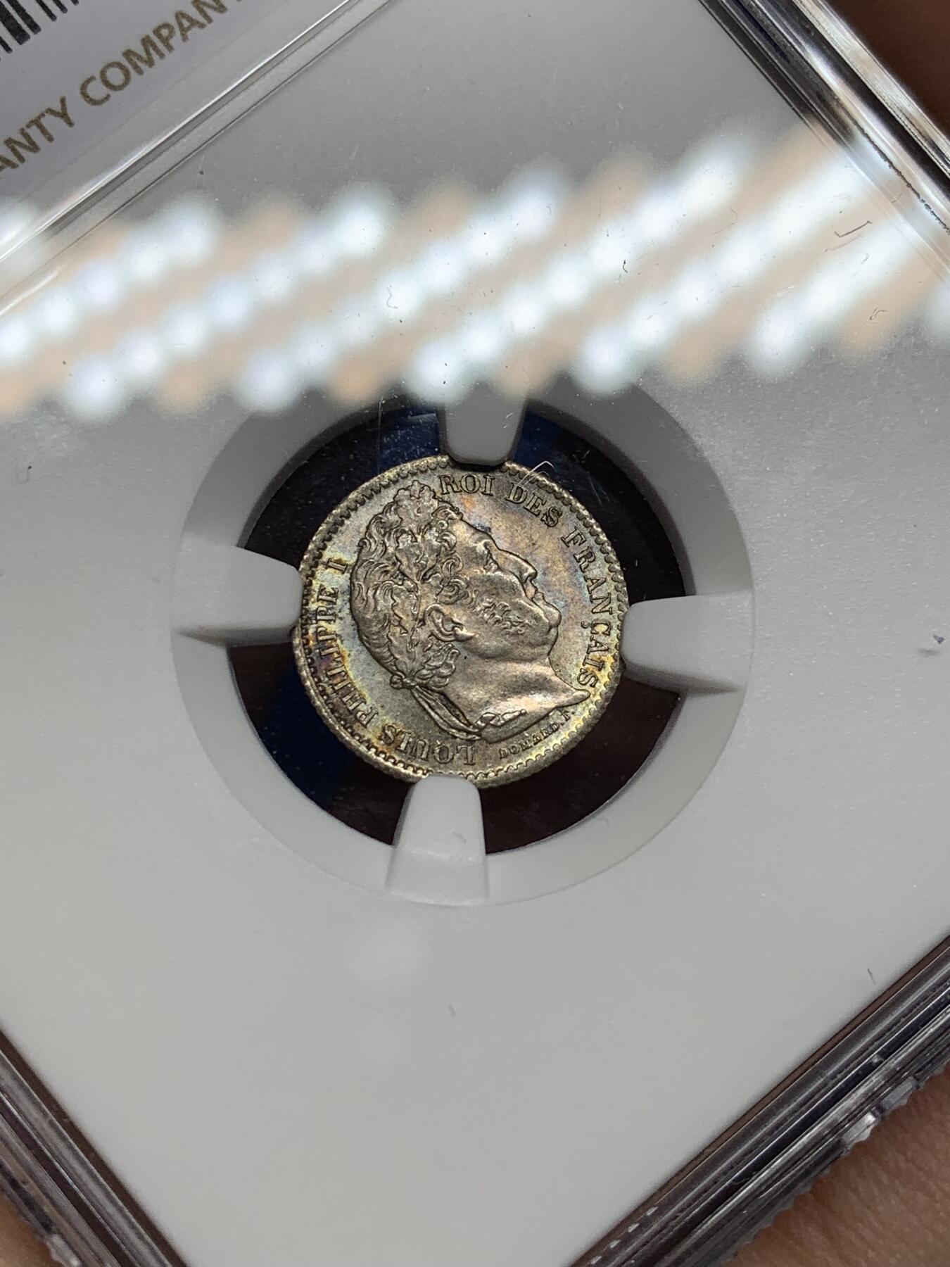 《竞宝斋》第466场 周日，周一 2场连拍 （全场包邮）欢迎送拍 NGC MS66 法国1845年菲利普斯一世25C银辅币 深五彩超高分 稀见品 亚军分数