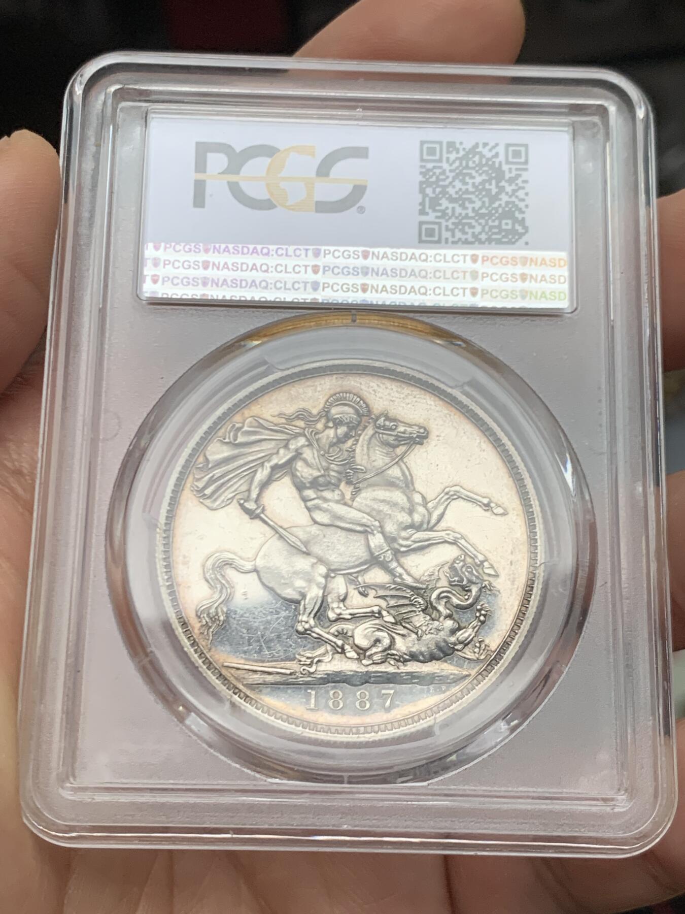《竞宝斋》第466场 周日，周一 2场连拍 （全场包邮）欢迎送拍 PCGS PR61CAM 英国 1887年 精制高冠马剑克朗 银币 发行量1000的经典大热品种 CAM难得 HA一月份N盒同分61CAM拍卖成交价2684刀（Auction61586,Lot23204)