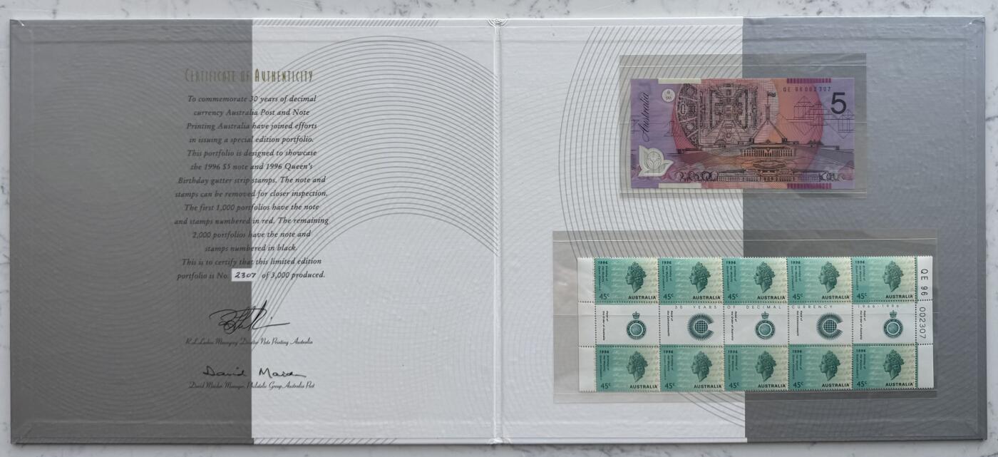 2026第4场（总第231期）：精品测试钞、外钞综合场  黑字版/QE女王冠 澳大利亚“货币十进制30周年”5元塑料纪念钞册装UNC（第2307号）