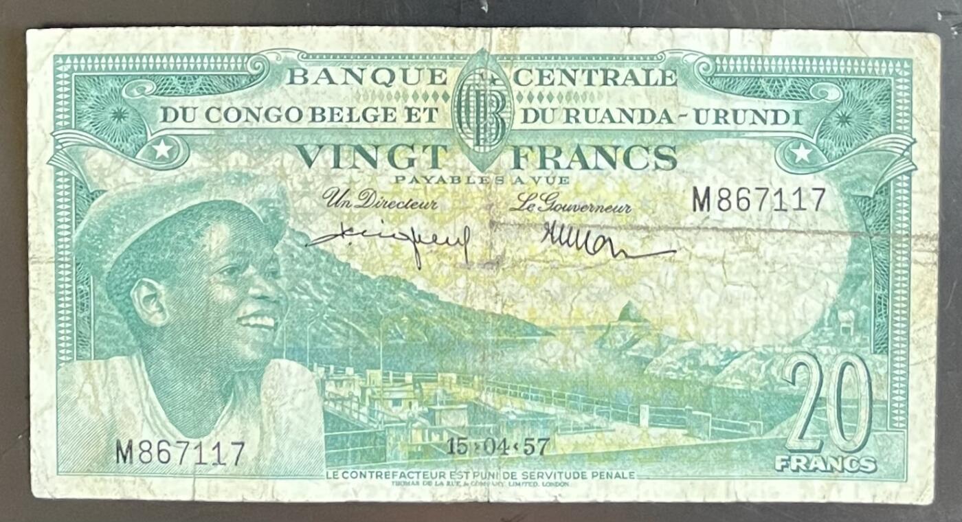 小福收藏拍卖第201期 流通品相裸钞 特惠场 本场拍卖美洲大洋洲非洲亚洲纸币【佣金仅收2% 不设最低佣金 全场包邮】 比属刚果 1957年 20法郎 