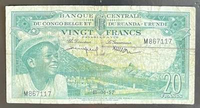 小福收藏拍卖第201期 流通品相裸钞 特惠场 本场拍卖美洲大洋洲非洲亚洲纸币【佣金仅收2% 不设最低佣金 全场包邮】 - 比属刚果 1957年 20法郎 