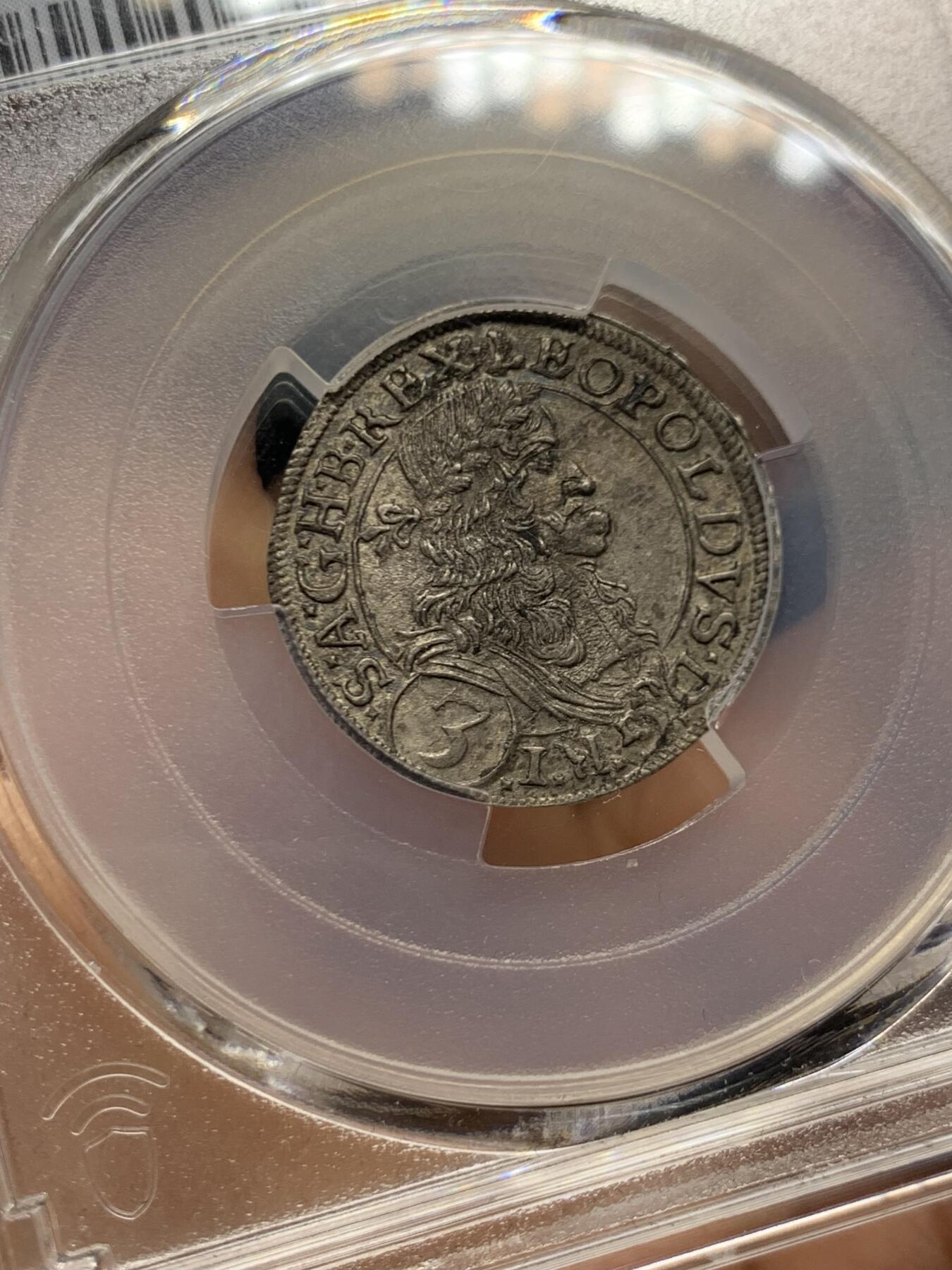 《竞宝斋》第466场 周日，周一 2场连拍 （全场包邮）欢迎送拍 PCGS MS63 神圣罗马帝国1669年利奥波德皇帝3克鲁泽银币 维也纳厂 亚军分 打制细节佳