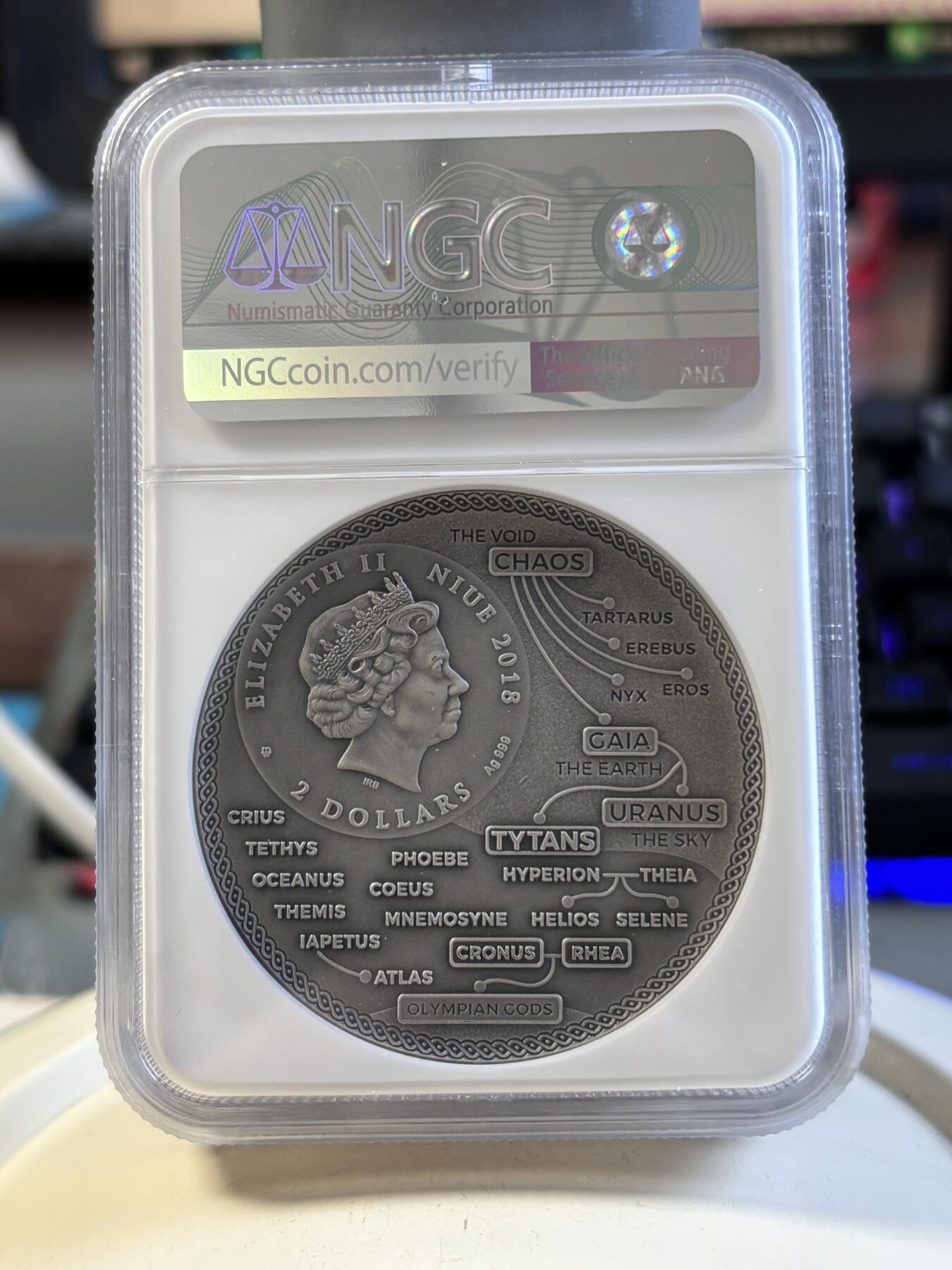 第192期拍卖 纽埃2018希腊泰坦神农神镶葡萄2盎司高浮雕银币NGC-MS70,999银，发行500枚