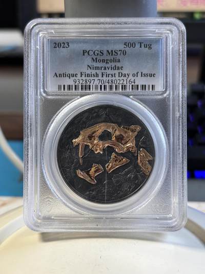 第192期拍卖 - 蒙古2023年进化猎猫科1盎司仿古镀金银币PCGS-MS70，9999银，发行999枚