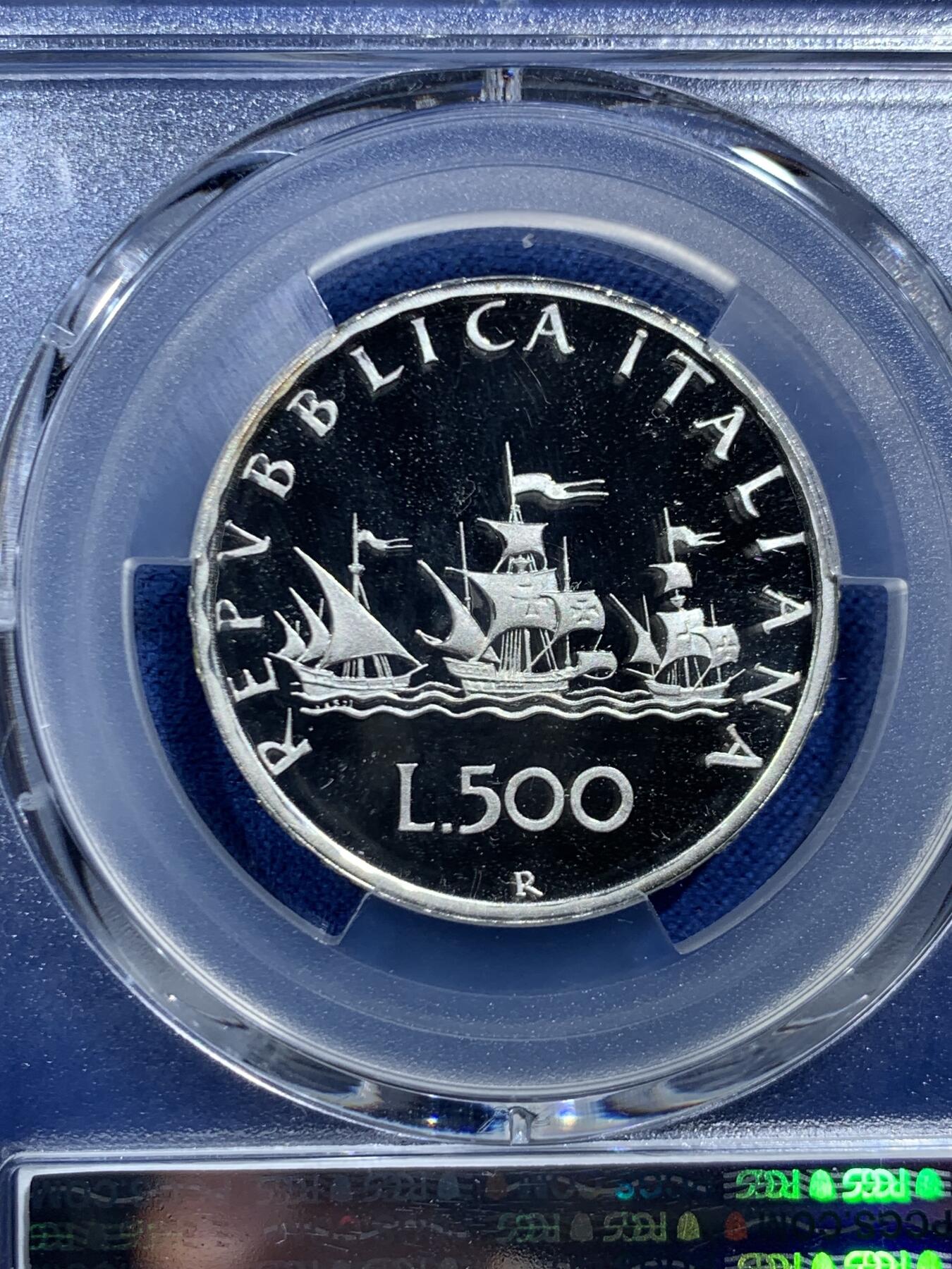 《竞宝斋》第466场 周日，周一 2场连拍 （全场包邮）欢迎送拍 PCGS PR69DCAM 意大利1986年精制帆船少女500里拉银币 冠军分！高浮雕喷砂质感，镜面深邃光洁