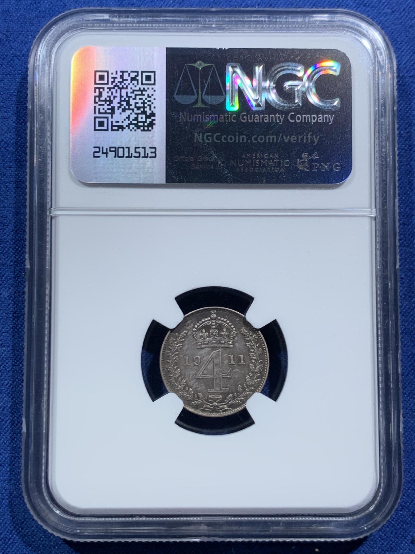 《竞宝斋》第466场 周日，周一 2场连拍 （全场包邮）欢迎送拍 四枚一组 NGC MS62-64 英国1911年乔治五世濯足币1-4便士银币 包浆舒服 评级数量比同年份精制币少很多