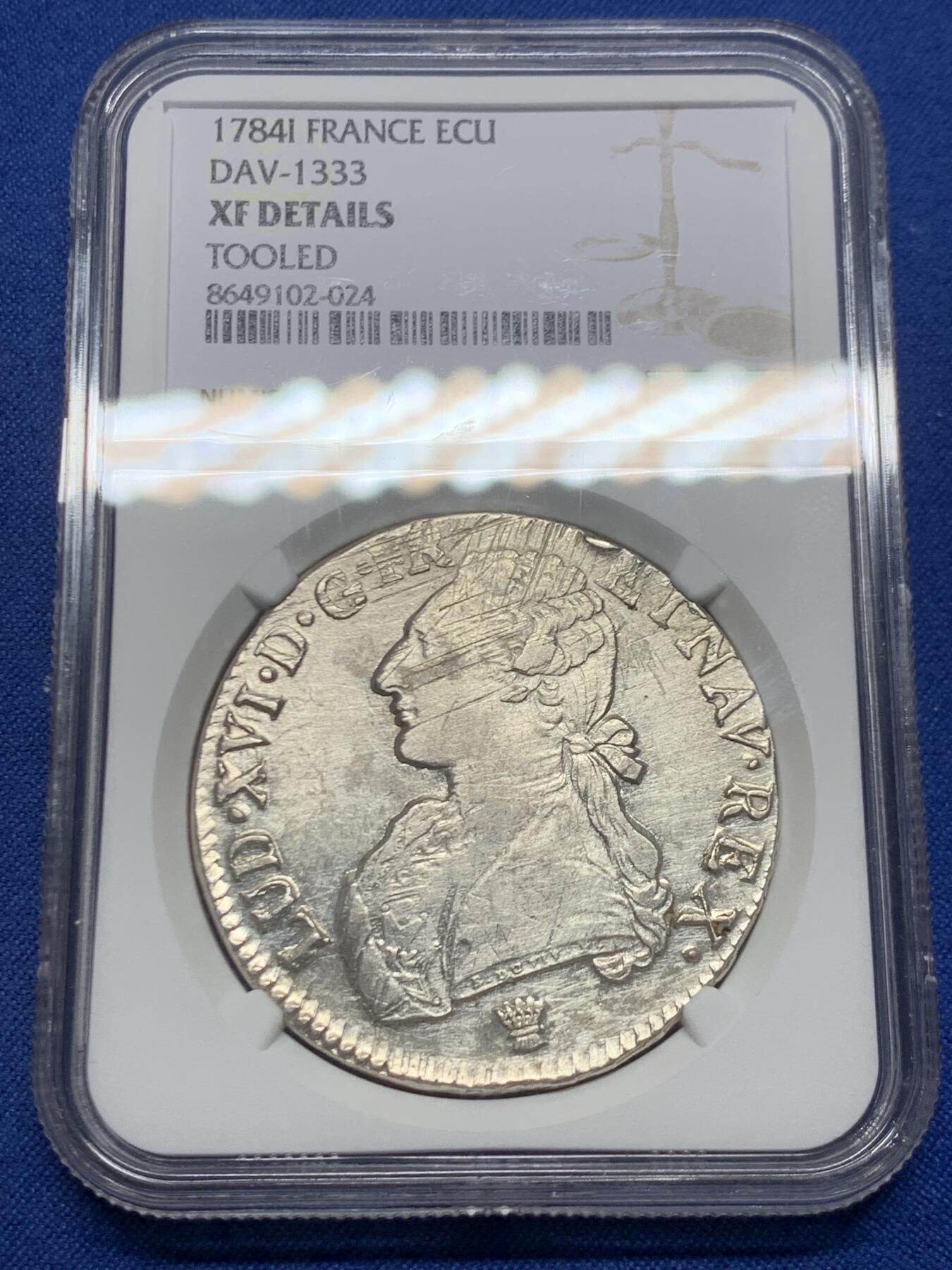 《竞宝斋》第466场 周日，周一 2场连拍 （全场包邮）欢迎送拍 NGC XF 法国1784I路易十六埃居银币 深打