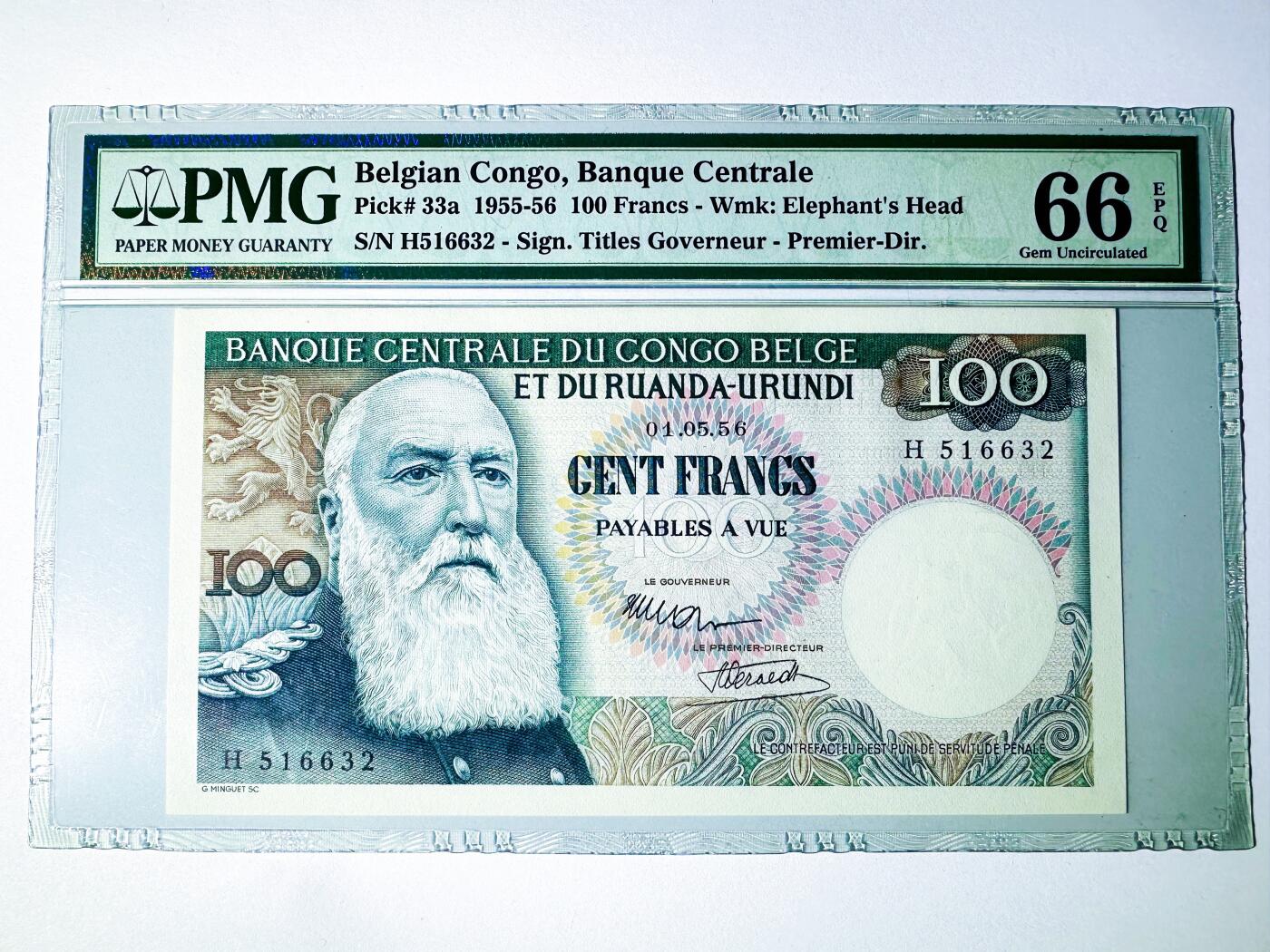 【Blue Auction】世界纸币精拍第789期——18级TOP拍卖/信誉/品质/专业/高效💫  【a版冠军分 无47】比属刚果 1956年100法郎 经典大胡子 PMG66EPQ  雕刻细腻 老壳 值得收藏