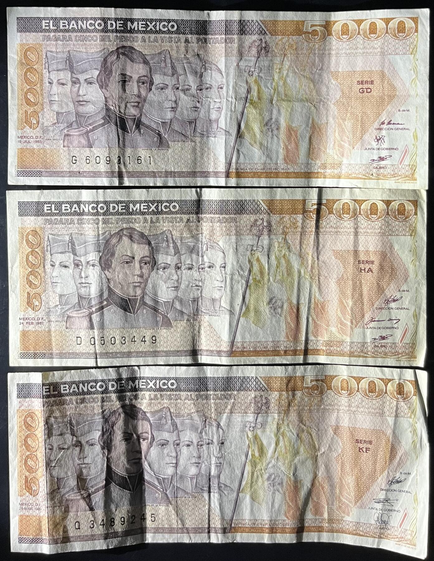 小福收藏拍卖第201期 流通品相裸钞 特惠场 本场拍卖美洲大洋洲非洲亚洲纸币【佣金仅收2% 不设最低佣金 全场包邮】 墨西哥 1985+1987+1989年 5000比索 1组3张 