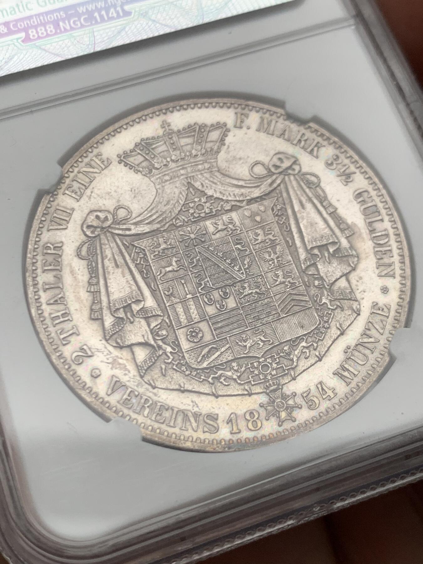 《竞宝斋》第466场 周日，周一 2场连拍 （全场包邮）欢迎送拍 NGC MS62 德国 1854年 萨克森-科堡-哥达公国  欧内斯特二世 2泰勒大银币 值得收藏