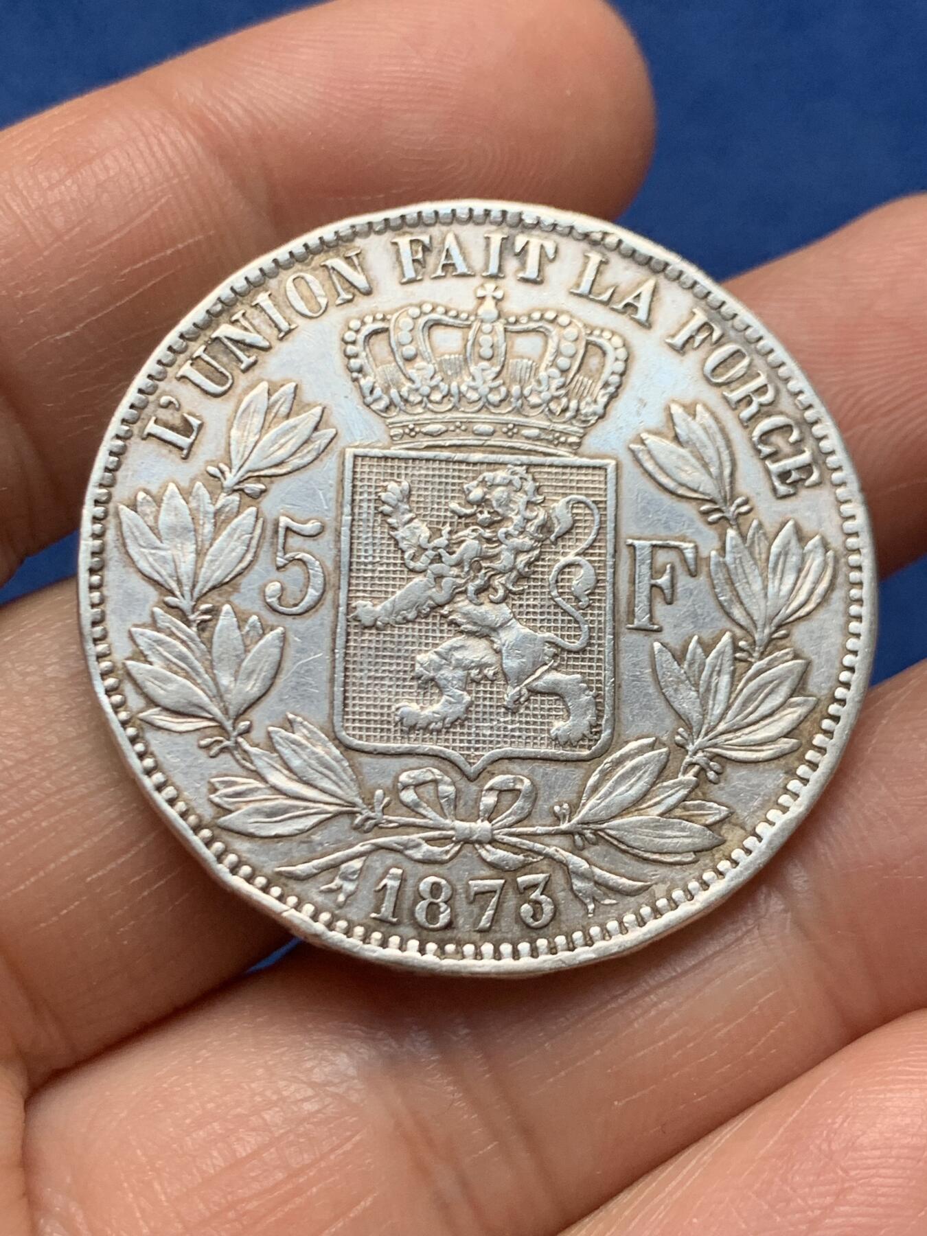 《竞宝斋》第466场 周日，周一 2场连拍 （全场包邮）欢迎送拍 比利时1873年利奥波德二世5法郎银币