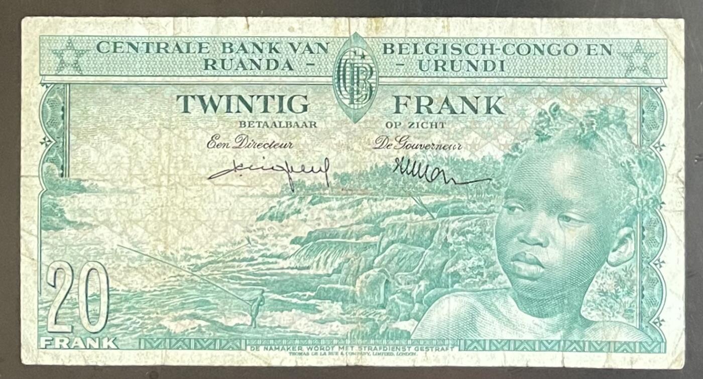 小福收藏拍卖第201期 流通品相裸钞 特惠场 本场拍卖美洲大洋洲非洲亚洲纸币【佣金仅收2% 不设最低佣金 全场包邮】 比属刚果 1957年 20法郎 