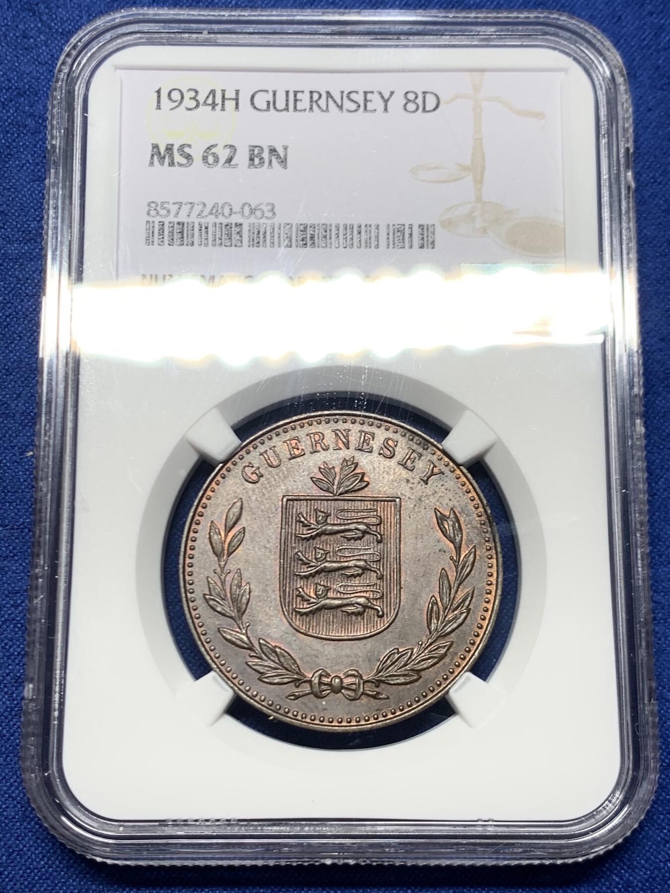 《竞宝斋》第466场 周日，周一 2场连拍 （全场包邮）欢迎送拍 NGC MS62BN 英属根西岛1934年乔治五世八道布 铜光还不错 很漂亮的品相