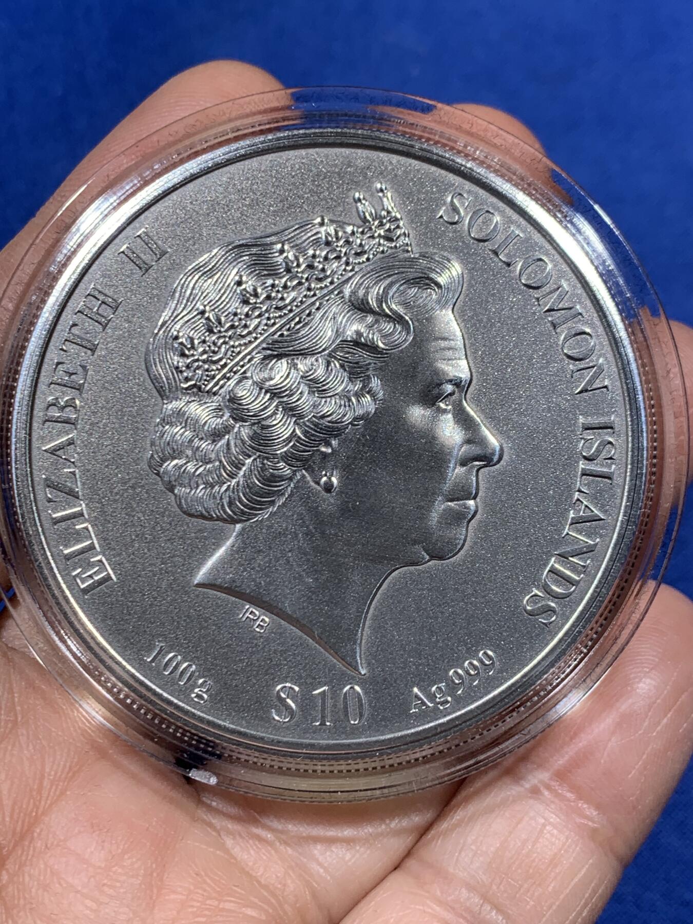 《竞宝斋》第466场 周日，周一 2场连拍 （全场包邮）欢迎送拍 所罗门群岛2019年10元四层堆叠仿古银币 印度泰姬陵穹顶 100克999银 发行量：999 盒证全