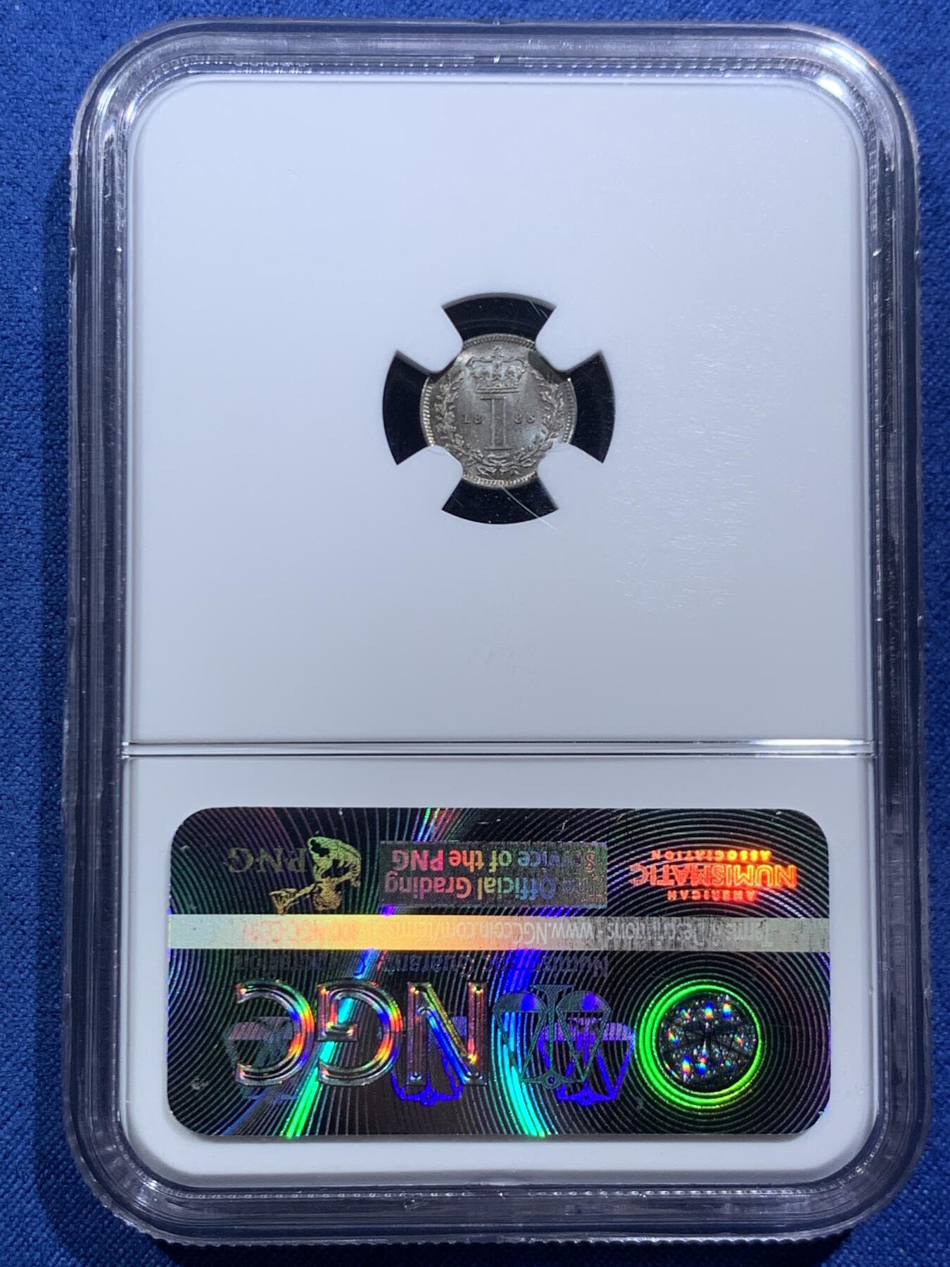 《竞宝斋》第466场 周日，周一 2场连拍 （全场包邮）欢迎送拍 NGC MS64-67 英国1886年小维濯足币1-4便士一套 原盒开出 评级连号 绒盒五彩包浆 状态极好 其中4便士为冠军分 难得