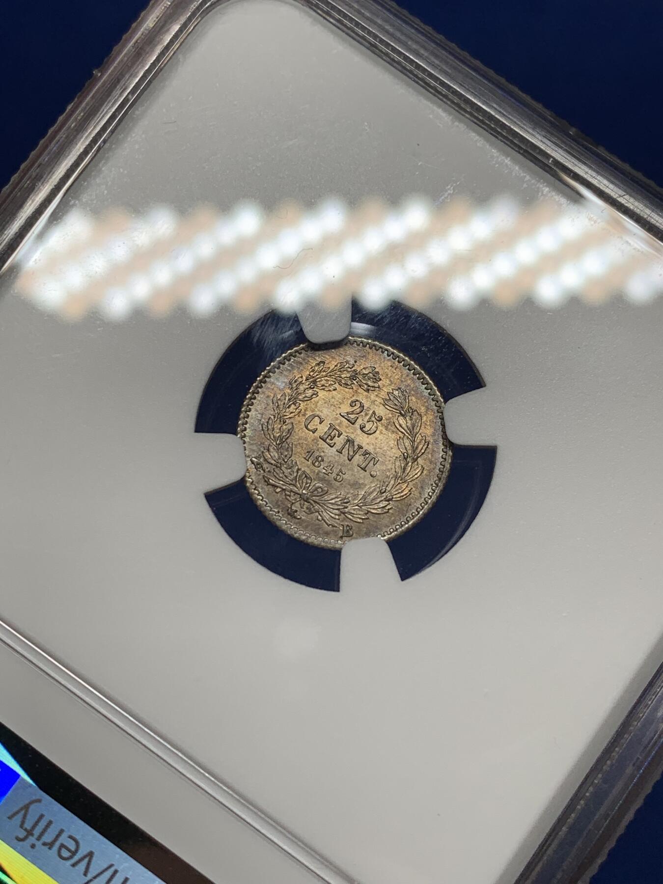 《竞宝斋》第466场 周日，周一 2场连拍 （全场包邮）欢迎送拍 NGC MS66 法国1845年菲利普斯一世25C银辅币 深五彩超高分 稀见品 亚军分数